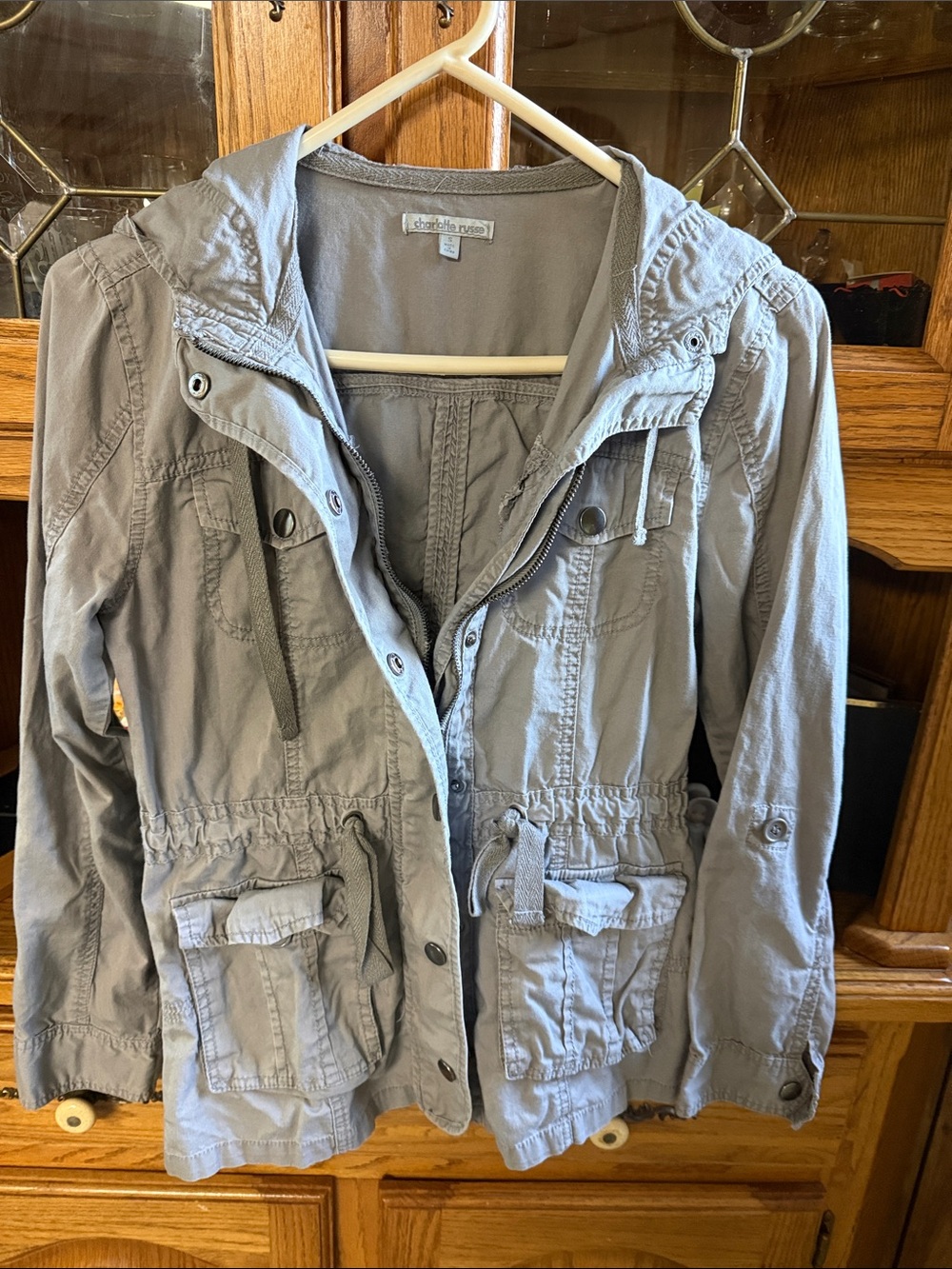 Charlotte Russe Light Gray Hooded Utility Jacket EUC size small